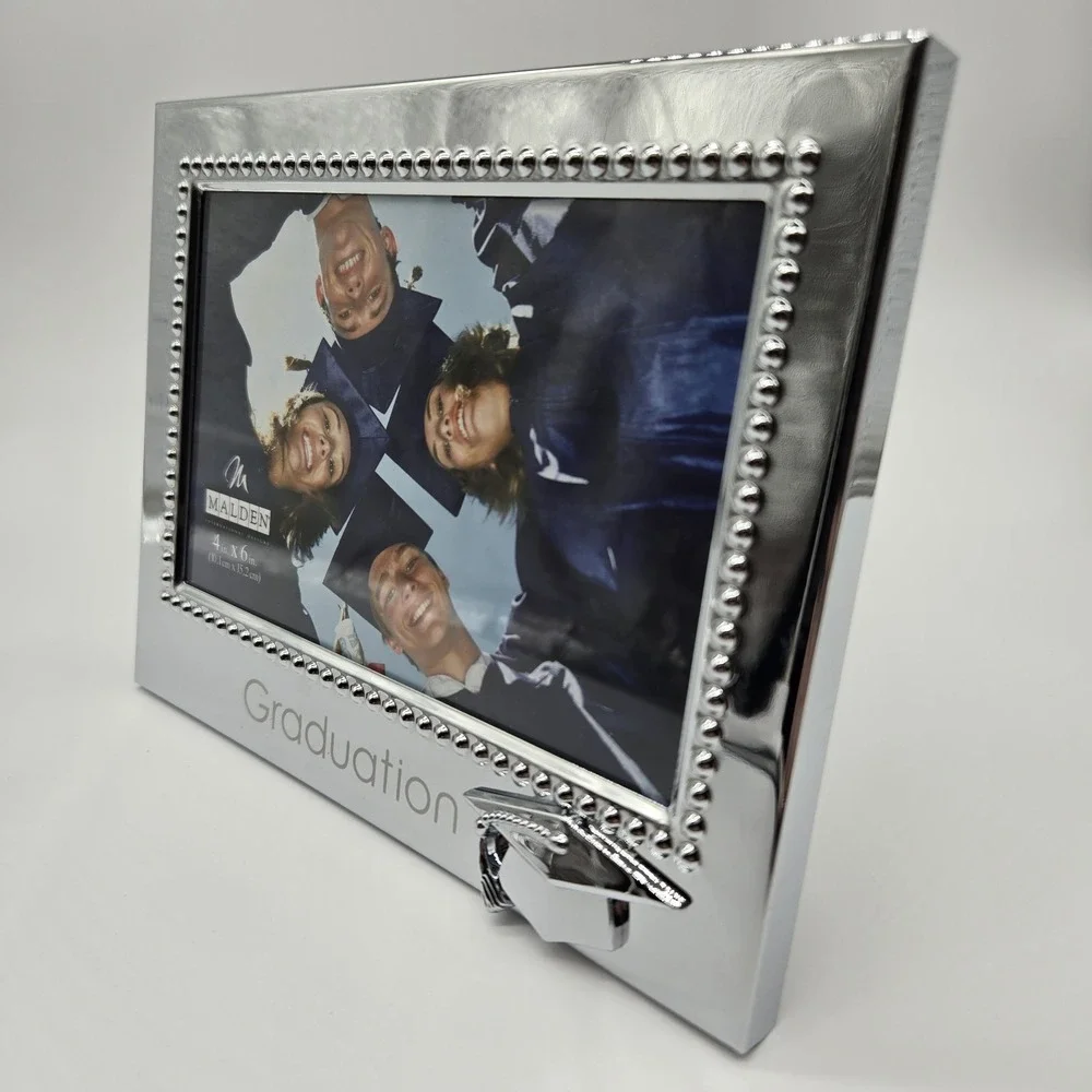 Malden Intl.‎ Graduation Picture Frame 4x6 Silver Metal Beaded Mortarboard